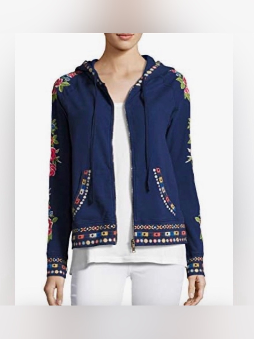 Vtg Johnny Was Women's Navy Floral Embroidered Full Zip Hooded Jacket Size PS